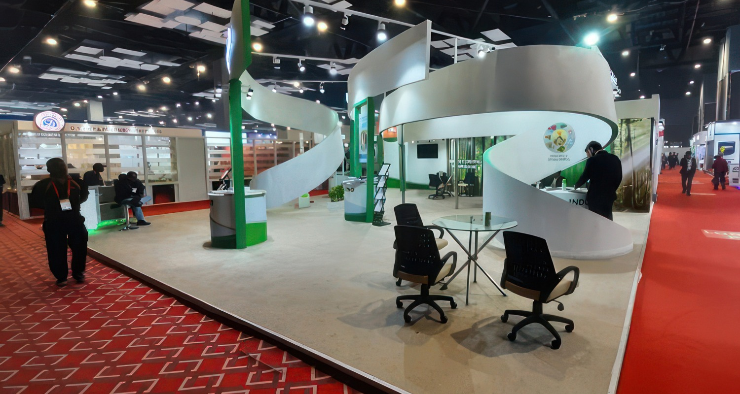 Creative exhibition stall design in crowded trade show.